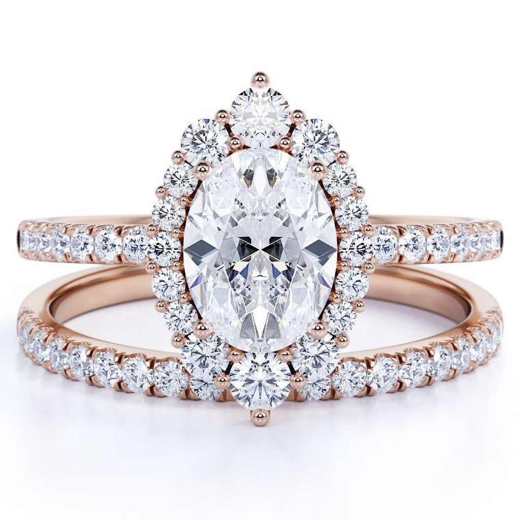 Vintage Oval Cut Real Diamond Pave Wedding Ring Set in 10k Rose Gold V732603