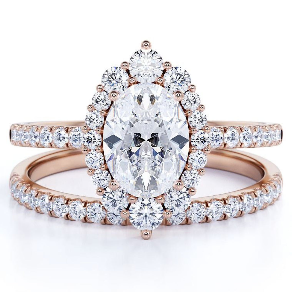 Vintage Oval Cut Real Diamond Pave Wedding Ring Set in 10k Rose Gold V732603