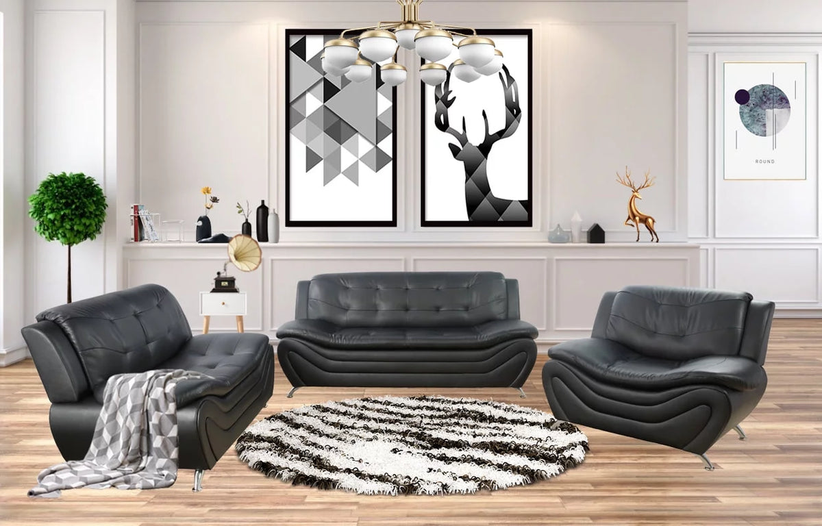 3 Piece Faux Leather Sofa Loveseat and Chair Set Black I191
