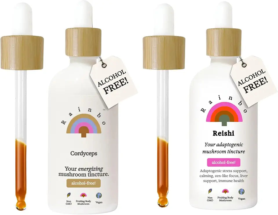 Alcohol Free Mushroom Stress Relief Bundle, Cordyceps Mushroom Extract + Reishi Mushroom Tincture, Dual Extract Daily Mushroom Tinctures for Immune Support, Vegan Liquid Mushroom Supplements X94427