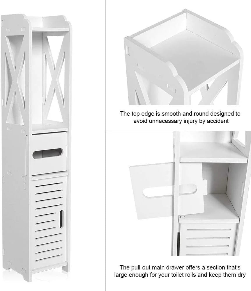 White 4 Tier Bathroom Storage Cabinet with 1 Door and 3 Shelves V830867