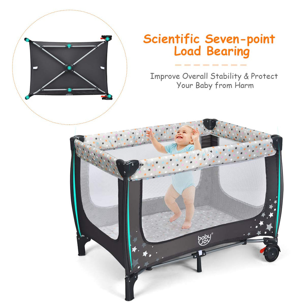 Pack and Play Foldable Baby Playard with Bassinet Travel Baby Crib Gray R5097