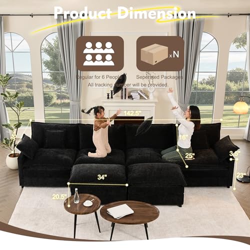 Black Chenille U Shaped Modular Sectional Sofa with Ottoman M811