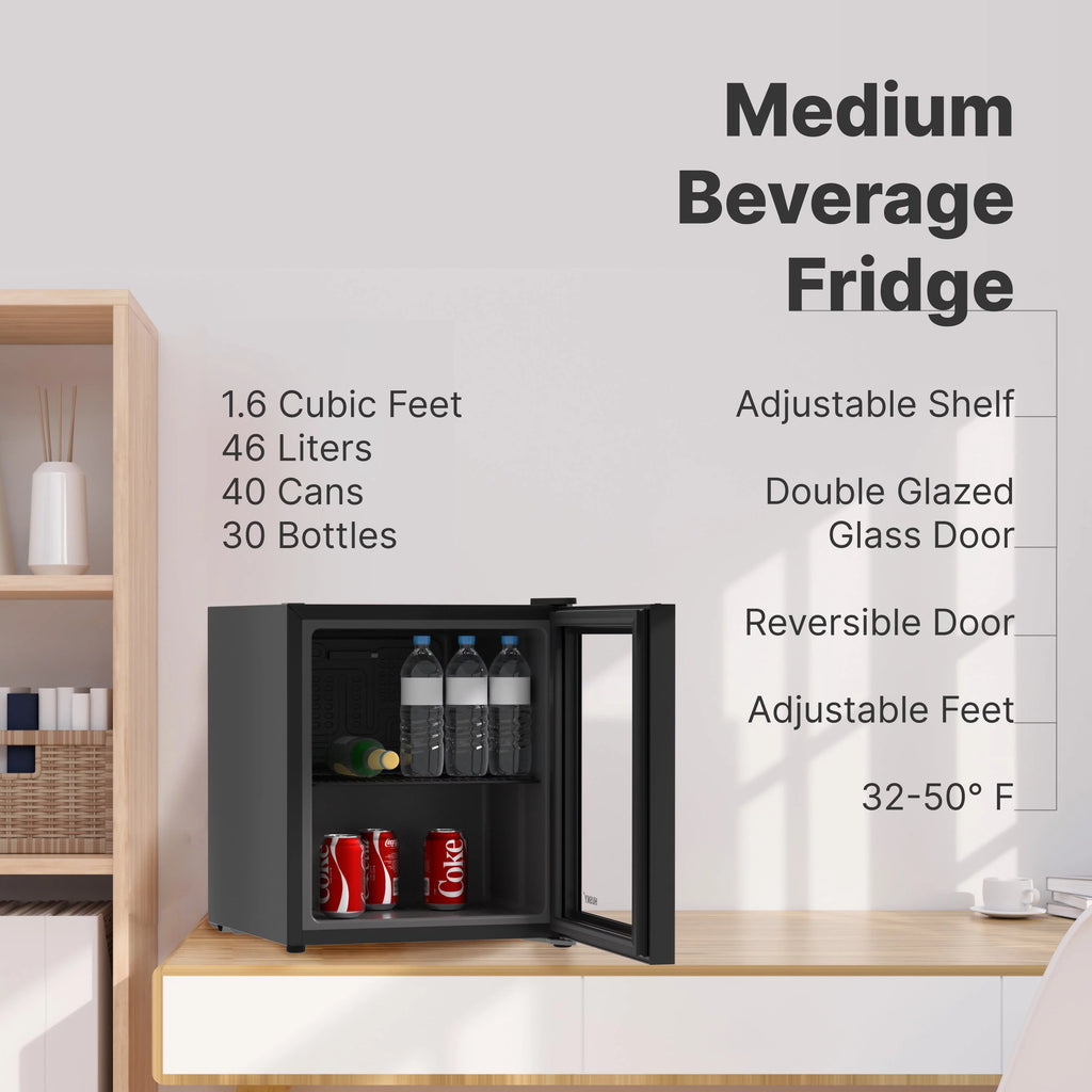 46L Reversible Glass Door Beverage Refrigerator 1.6 Cu Freestanding Countertop Mini Fridge in Black T851