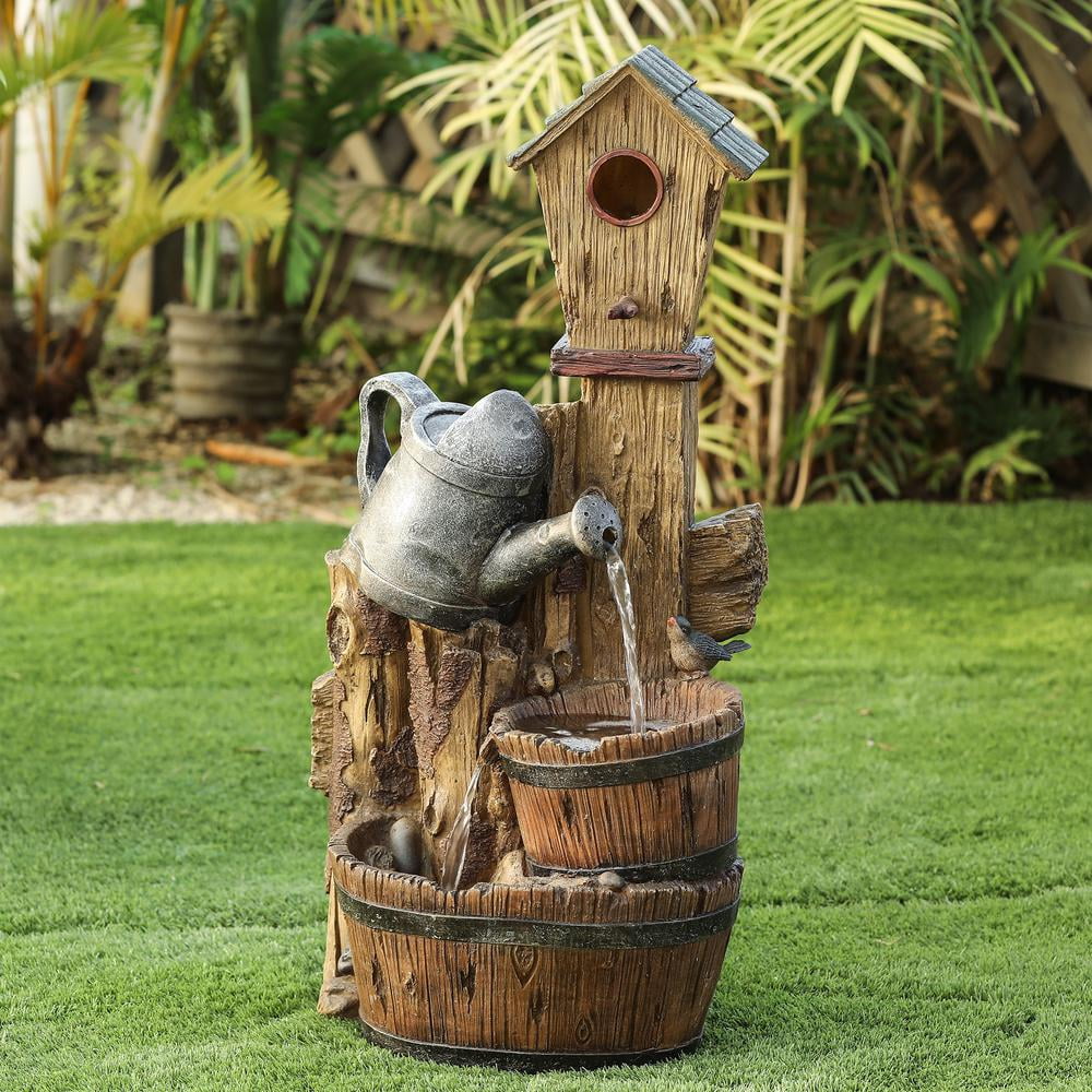 Polyresin Bird House Post and Water Can Patio Fountain D505