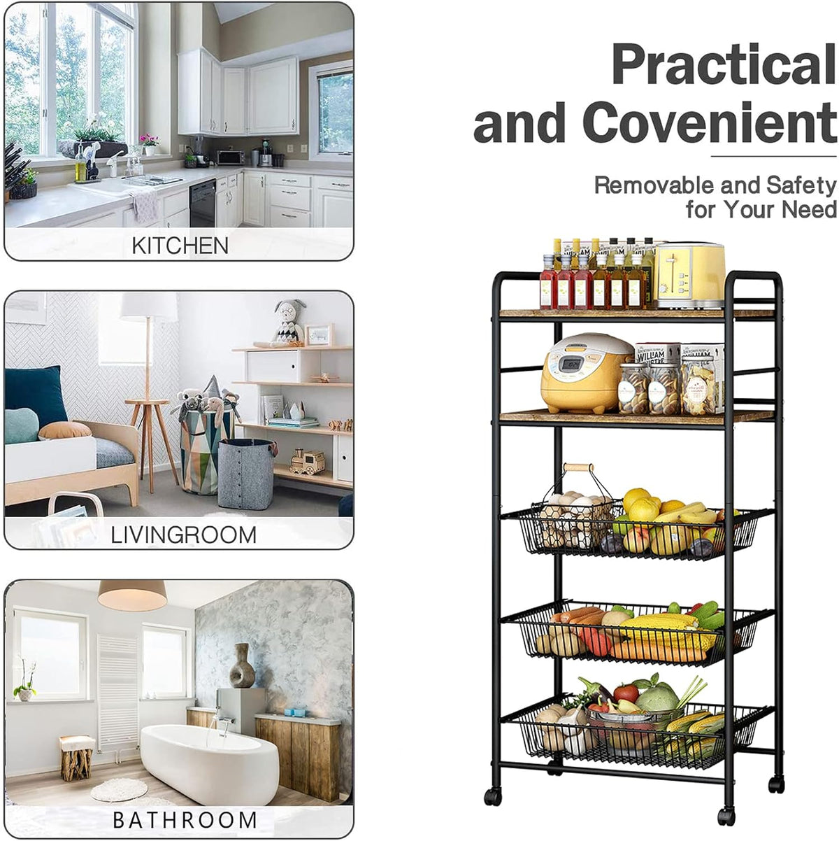 Black 5-Tier Rolling Utility Storage Cart with 3 Basket Drawers A6289