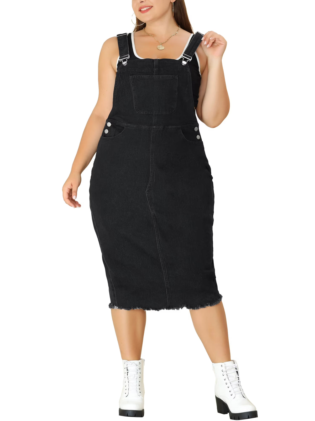 Plus Size Bodycon Raw Hem Denim Midi Overall Dresses K6745