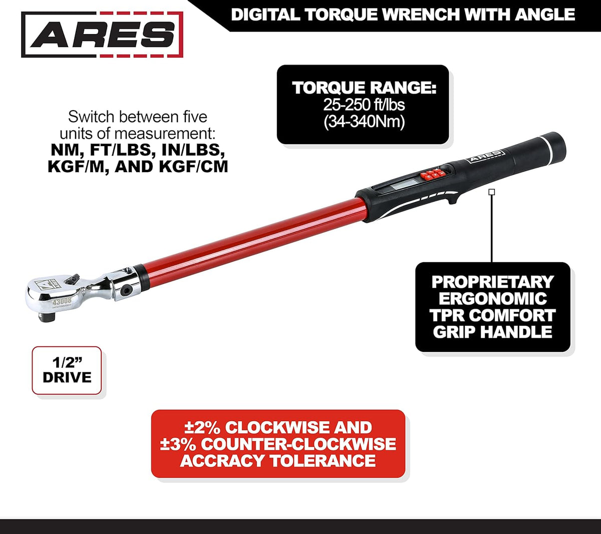 1/2-Inch Drive Flex Head Electronic Digital Torque and Torque Angle Wrench, 25-250 ft/lbs B7681