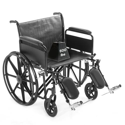 24 Inch Manual Bariatric Wheelchair Foldable Black Removable Full Length Arms Rest Swing Away Footrests 500LB Capacity Adjustable Standard and Hemi Height O322