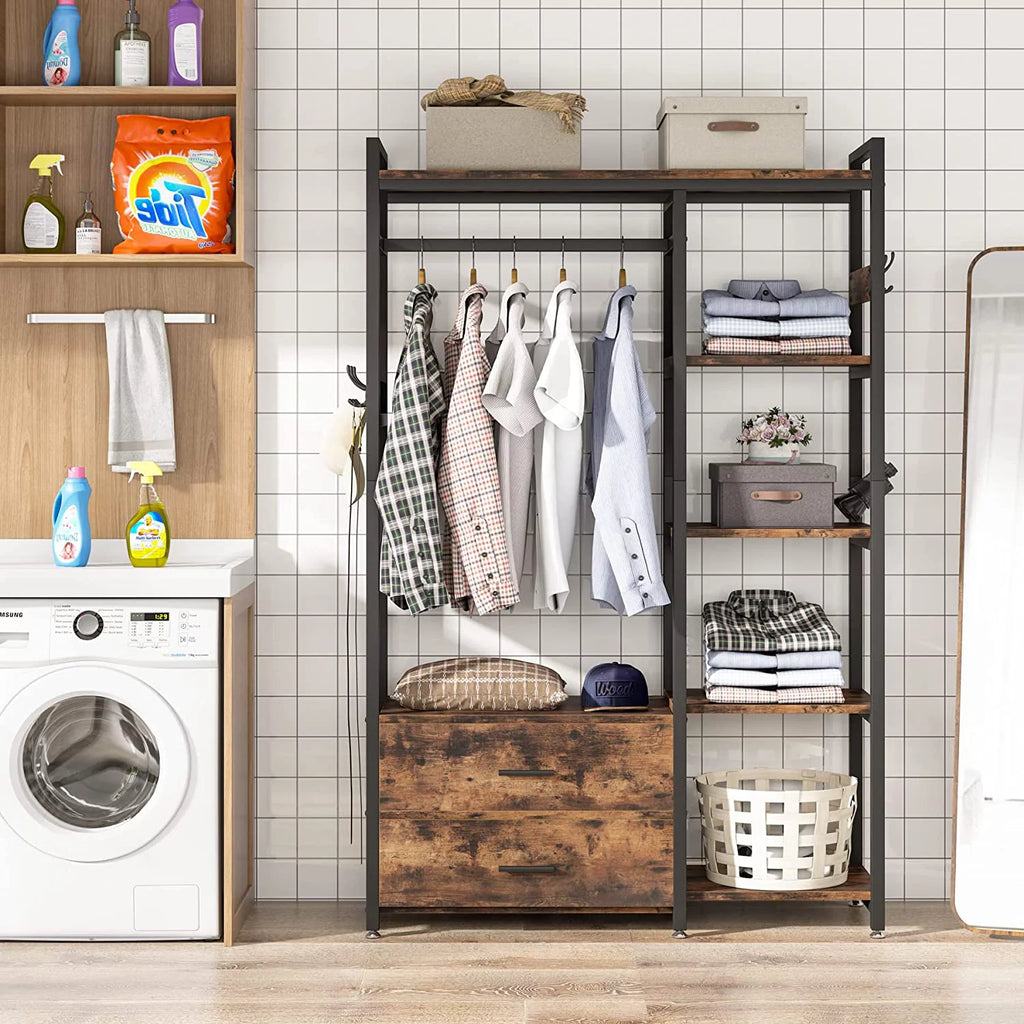Freestanding Clothes Rack with Drawers and Shelves, Rustic Brown X461