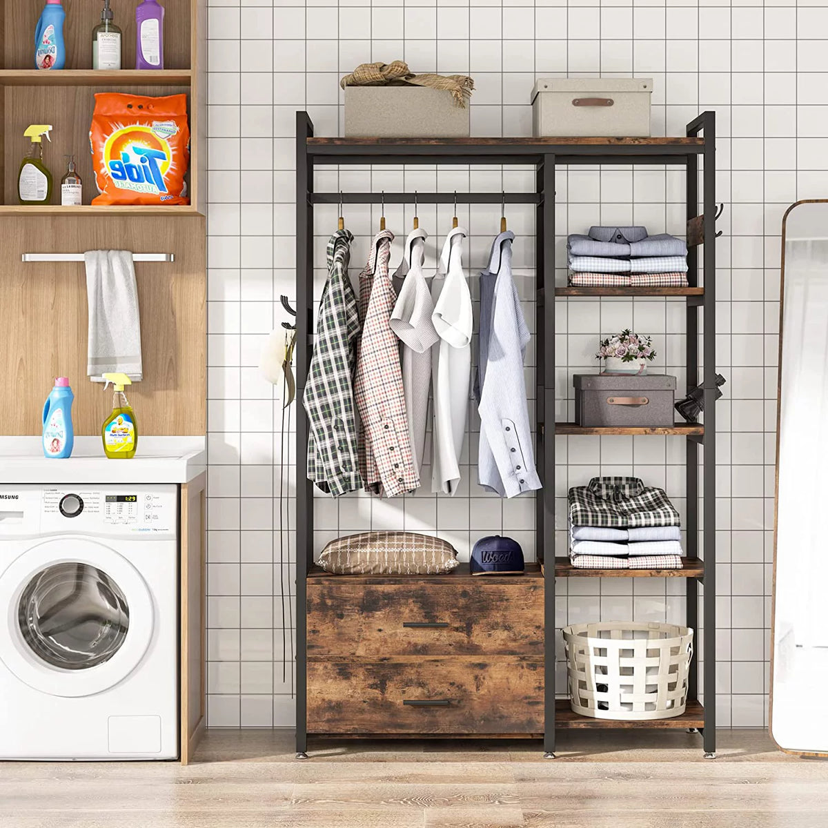Freestanding Clothes Rack with Drawers and Shelves, Rustic Brown X461