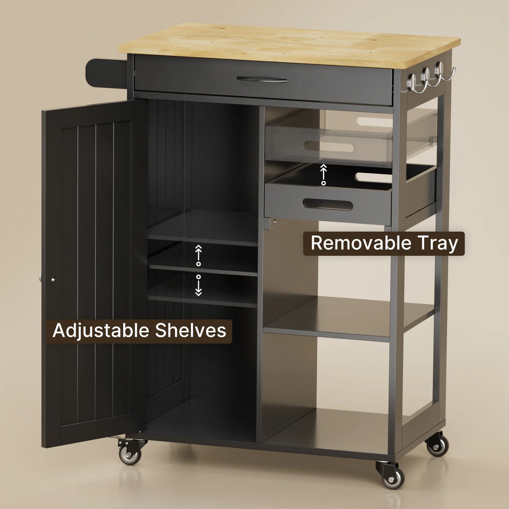 Black Kitchen Island Cart with Drawer and 3 Open Storage Shelves I7052