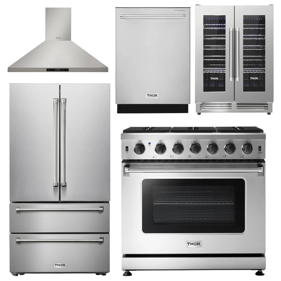 36 Propane Gas Range, Range Hood, Refrigerator, Dishwasher, Wine Cooler E7482