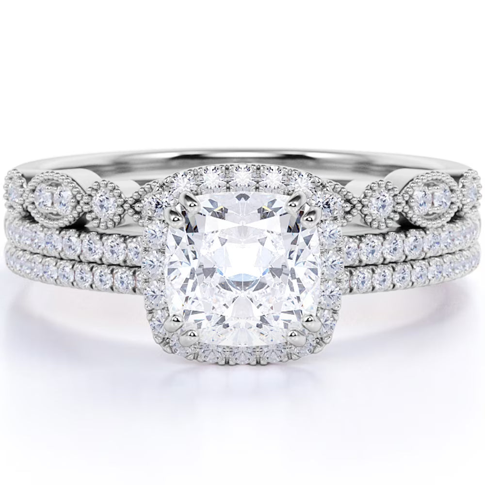 1.75 Carat Moissanite Wedding Trio Ring Set with Engagement Ring and 2 Wedding Bands in 18k Gold Over Silver U81984