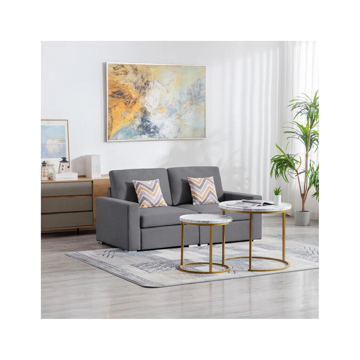 Gray Linen Fabric Loveseat with Pillows R68589