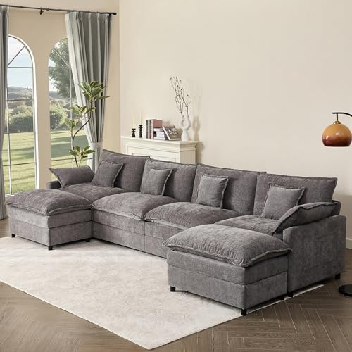 Black Chenille U Shaped Modular Sectional Sofa with Ottoman M811