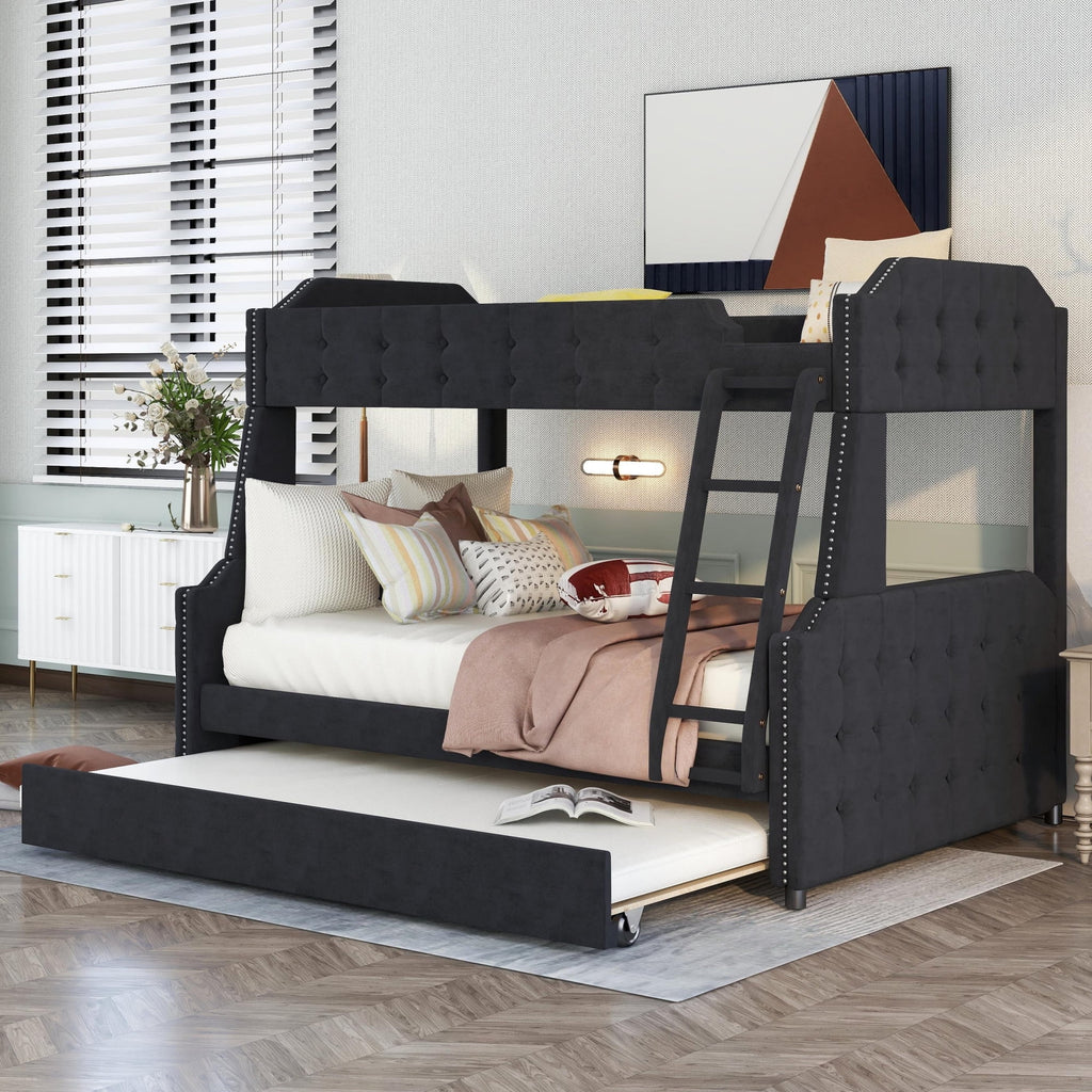 Black Upholstered Twin-Over-Full Bunk Bed with Trundle W9610
