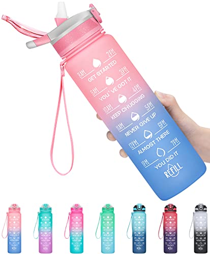 32oz Leakproof Sports Water Bottle with Straw & Time Marker R5274