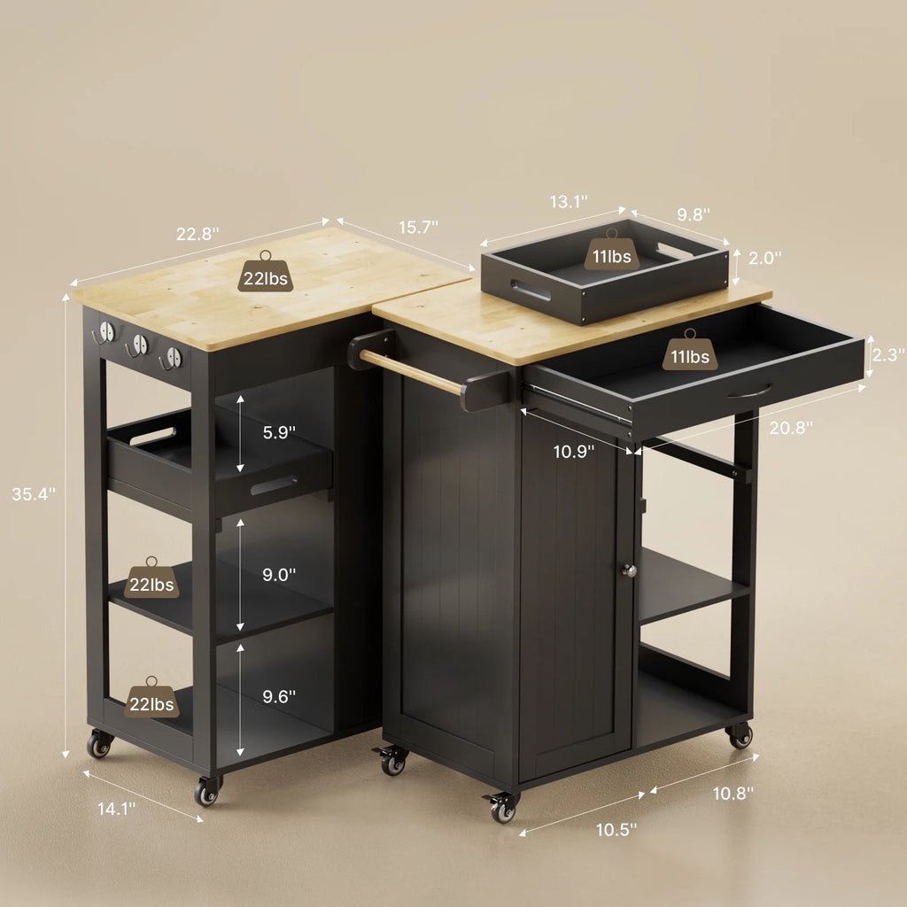 Black Kitchen Island Cart with Drawer and 3 Open Storage Shelves I7052