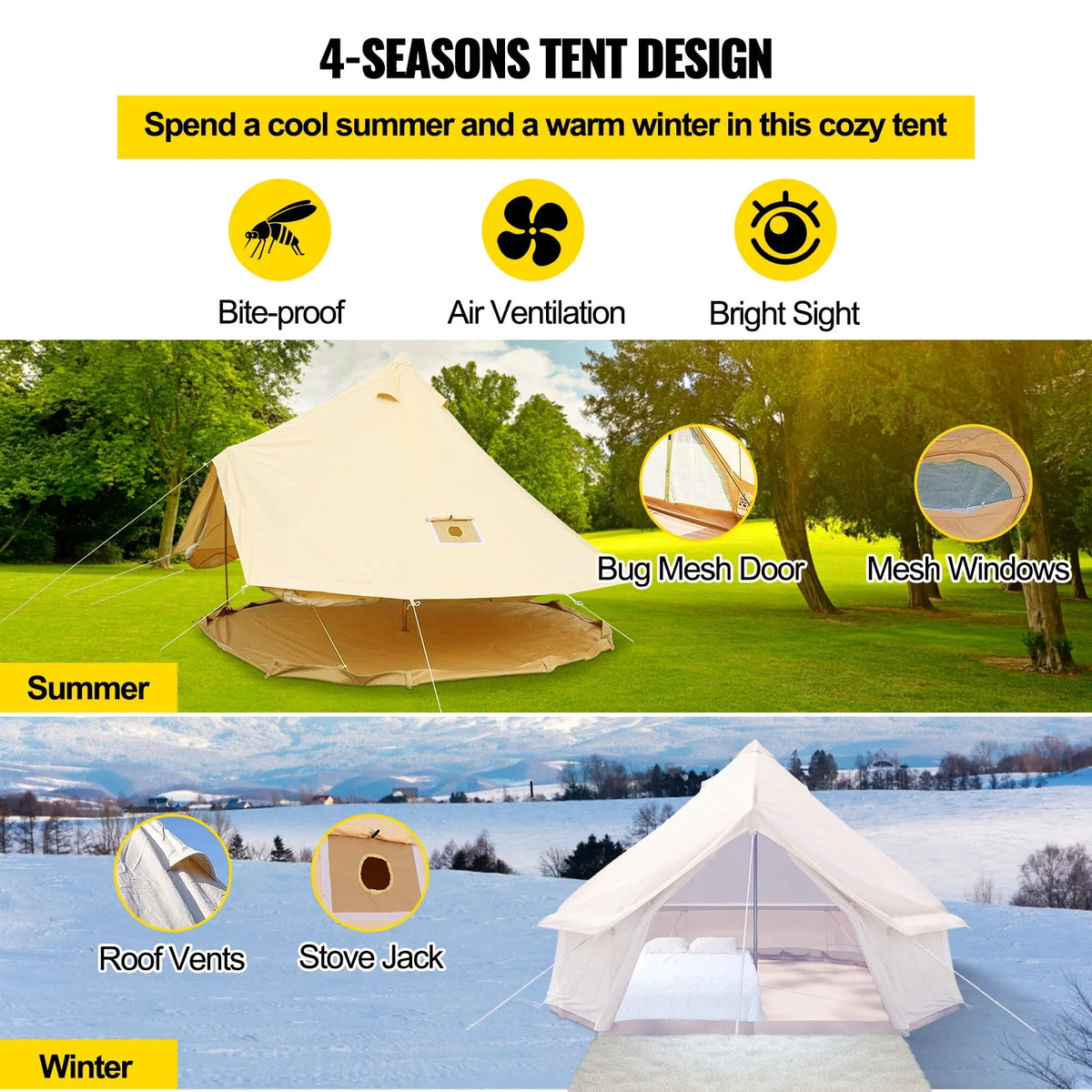 Canvas Bell Tent with Stove Jacket Waterproof 4 Seasons U82162