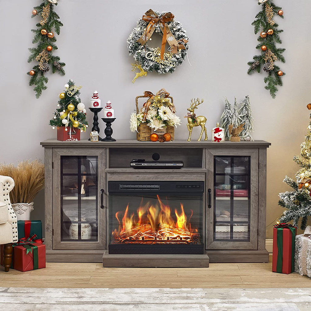 Fireplace TV Stand with Electric Fireplace, Wash Gray W95293