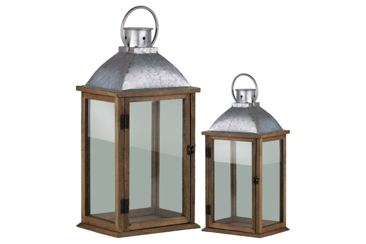 Wooden Lantern with Metal Top, Set of 2 S87847