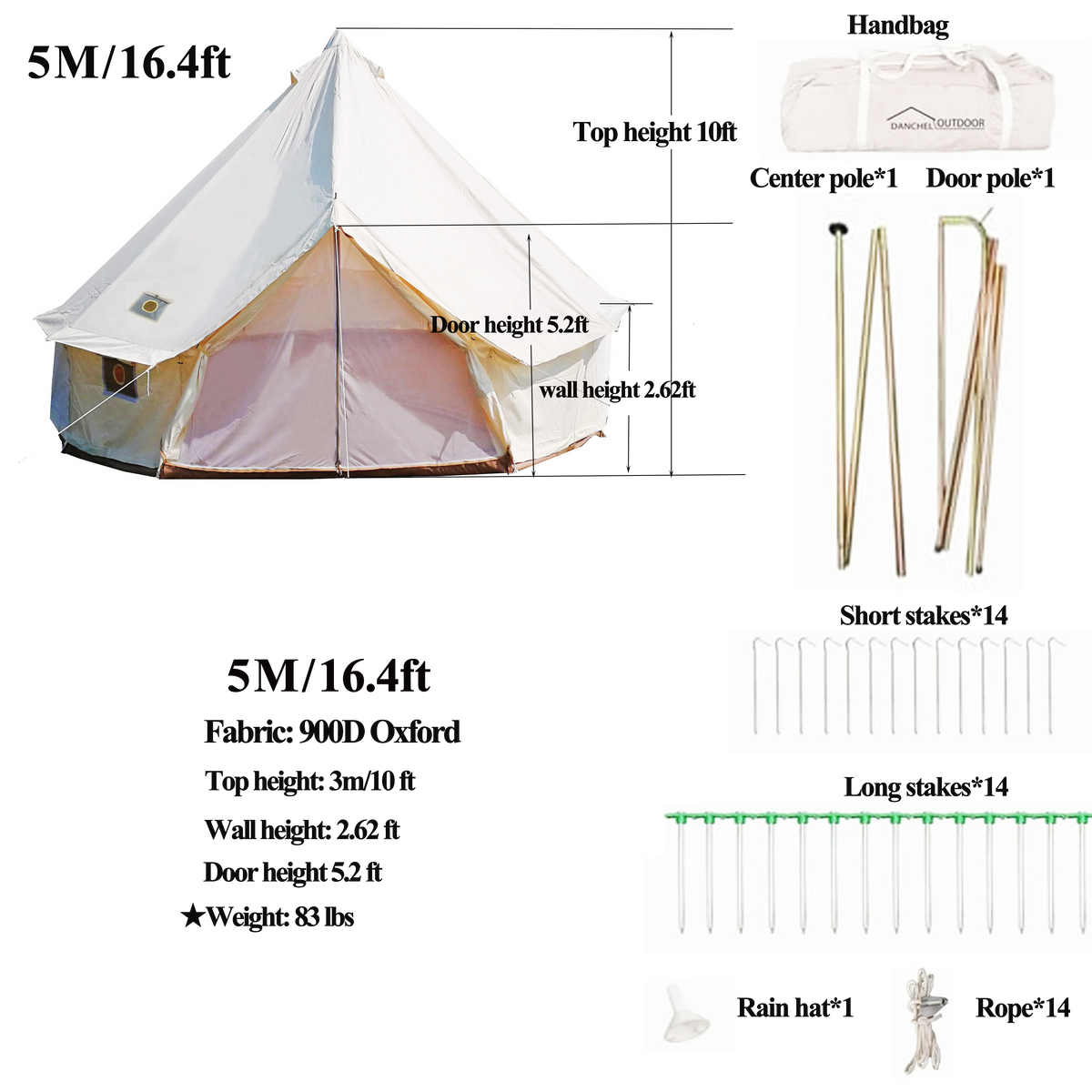 16.4ft Waterproof Oxford Bell Tent with 2 Stove Jacks and Removable Ground Mat T236239