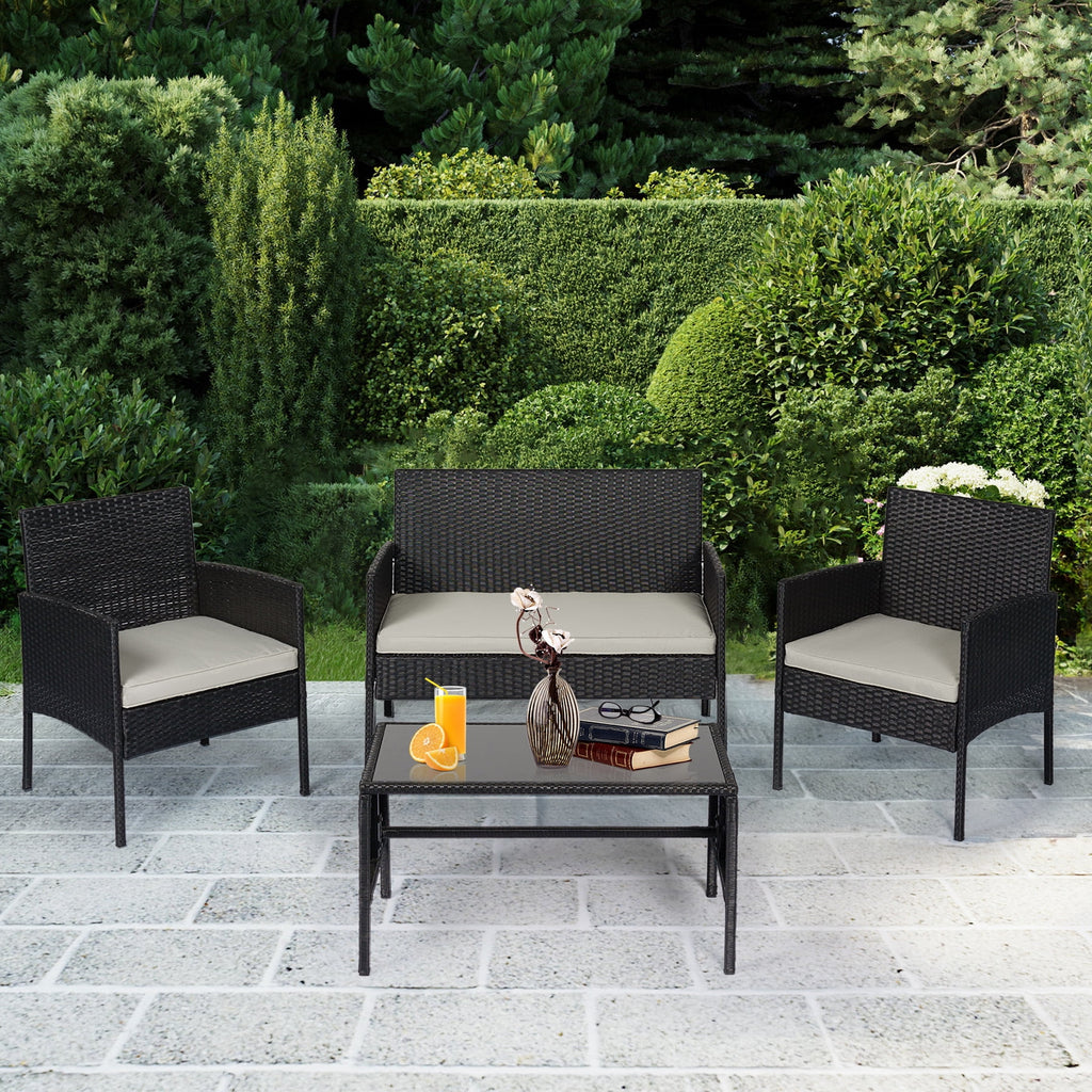 4 Piece Wicker Patio Conversation Set with Glass-Top Coffee Table & Gray Cushions U2053