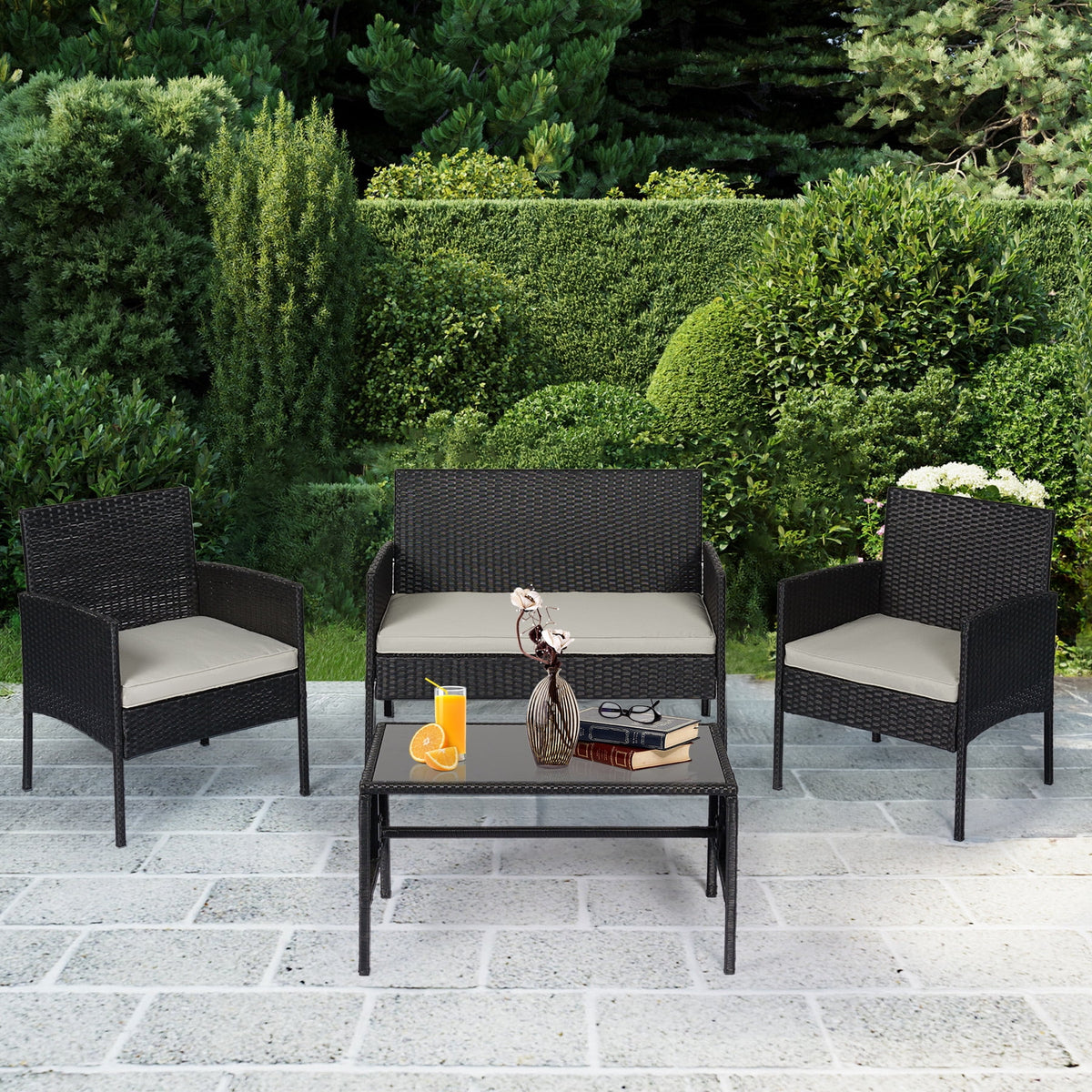 4 Piece Wicker Patio Conversation Set with Glass-Top Coffee Table & Gray Cushions U2053