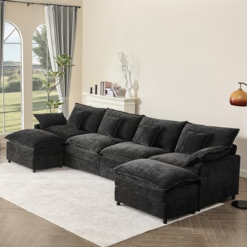 Black Chenille U Shaped Modular Sectional Sofa with Ottoman M811
