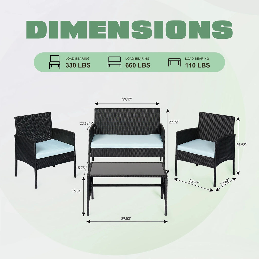 4 Piece Wicker Patio Conversation Set with Glass-Top Coffee Table & Gray Cushions U2053