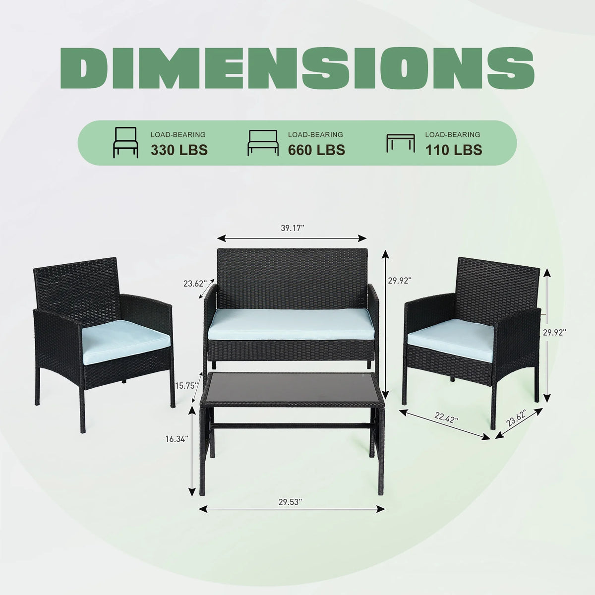 4 Piece Wicker Patio Conversation Set with Glass-Top Coffee Table & Gray Cushions U2053