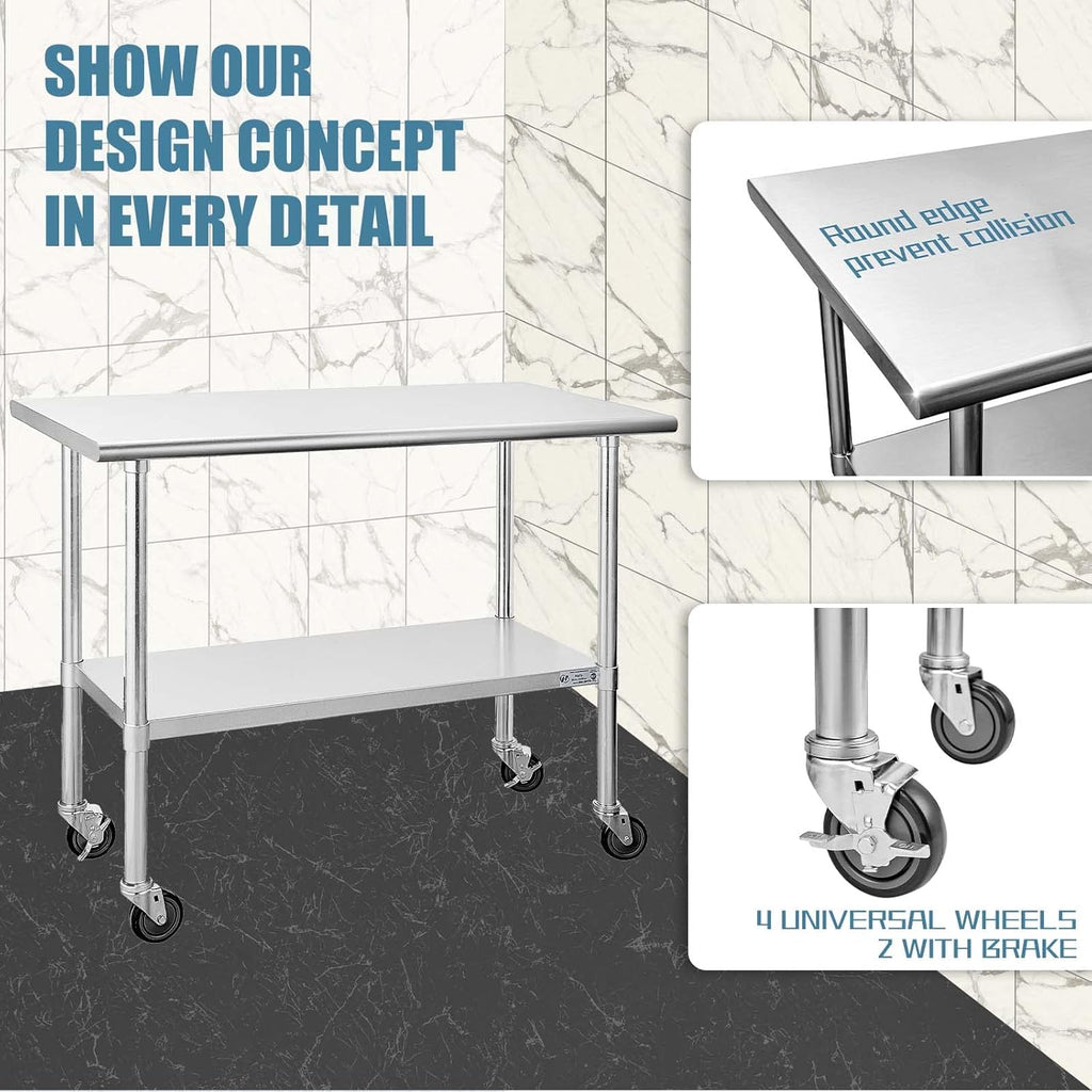 Stainless Steel Table 24 x 48 Inches with Caster Wheels and Undershelf W86221