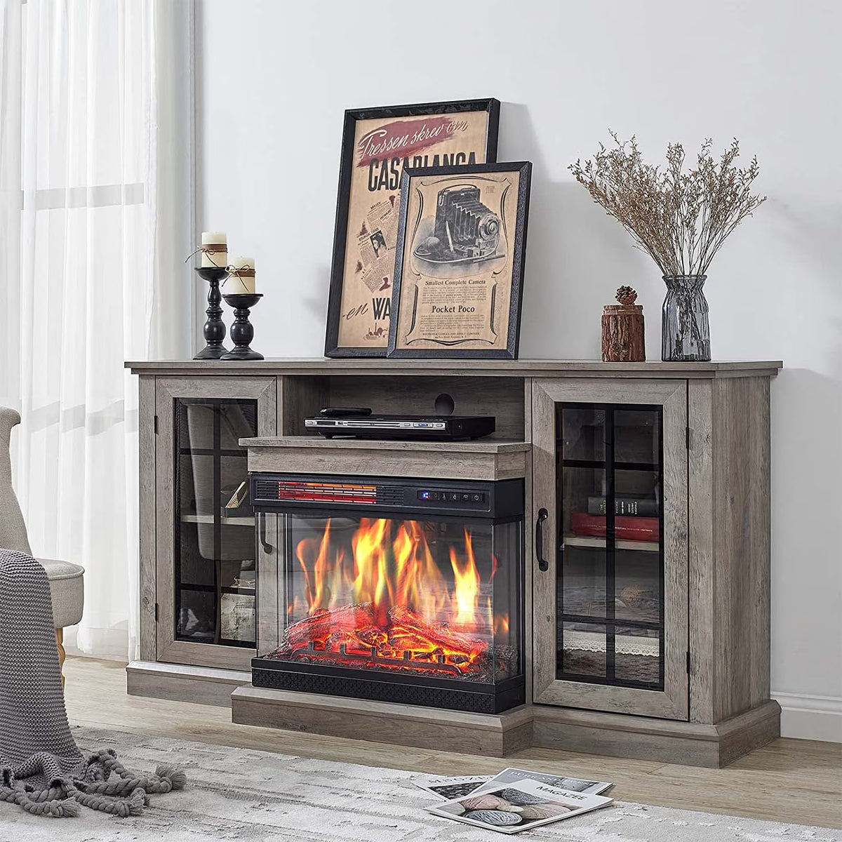 Fireplace TV Stand with Electric Fireplace, Wash Gray W95293