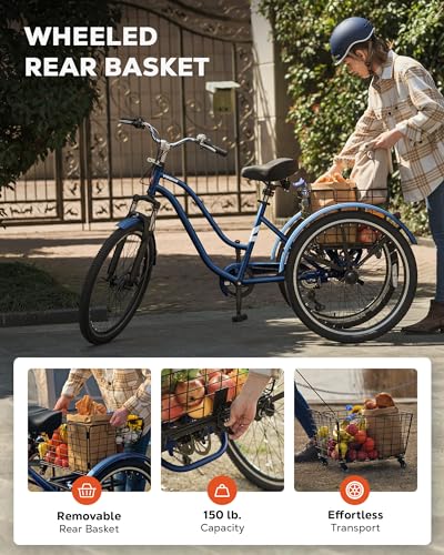 24 26 Inch 7 Speed Adult Tricycle with Front Suspension and Removable Basket J850