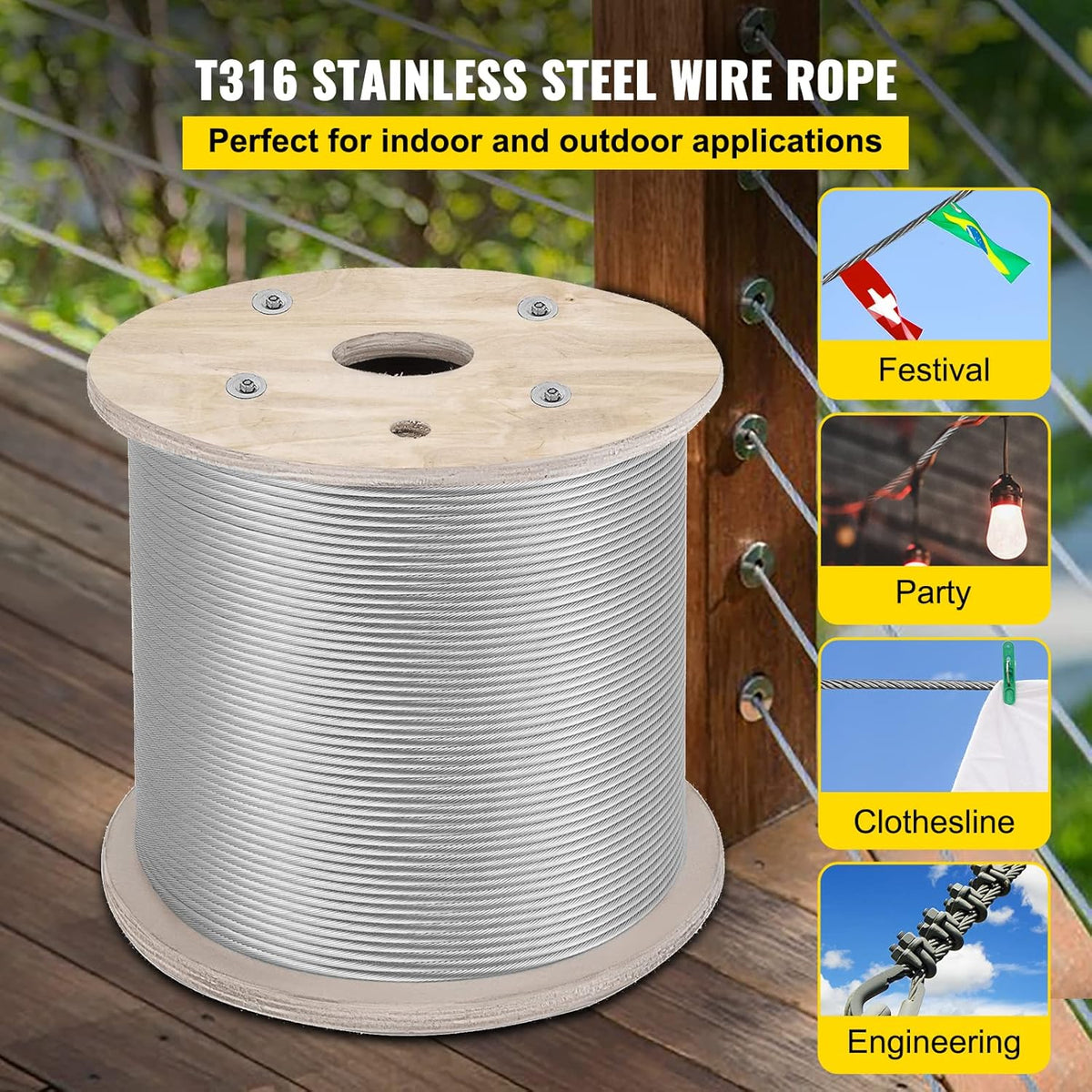 500FT 1/8 Inch Stainless Steel 1x19 T316 Wire Rope Y86285