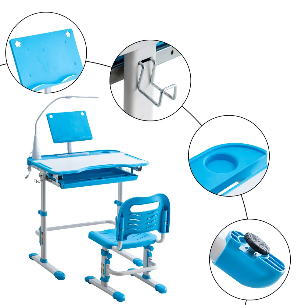 Height Adjustable Wood Kids Desk and Chair Set with Led Light and Bookstand Z668871