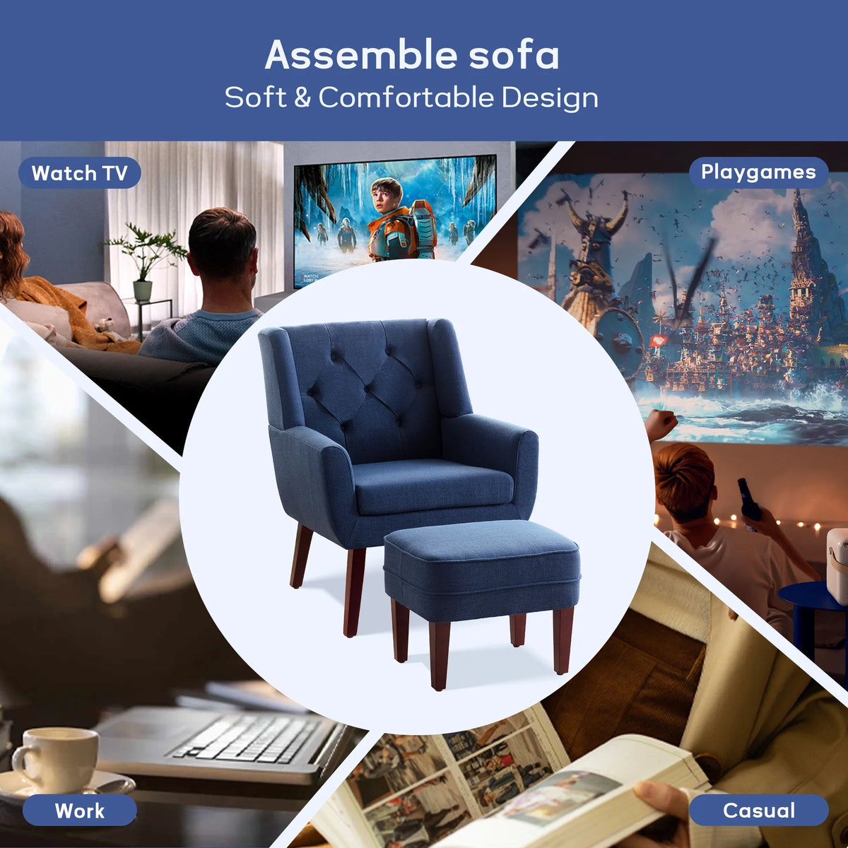 Blue Linen Fabric Tufted Accent Chair with Ottoman D13067