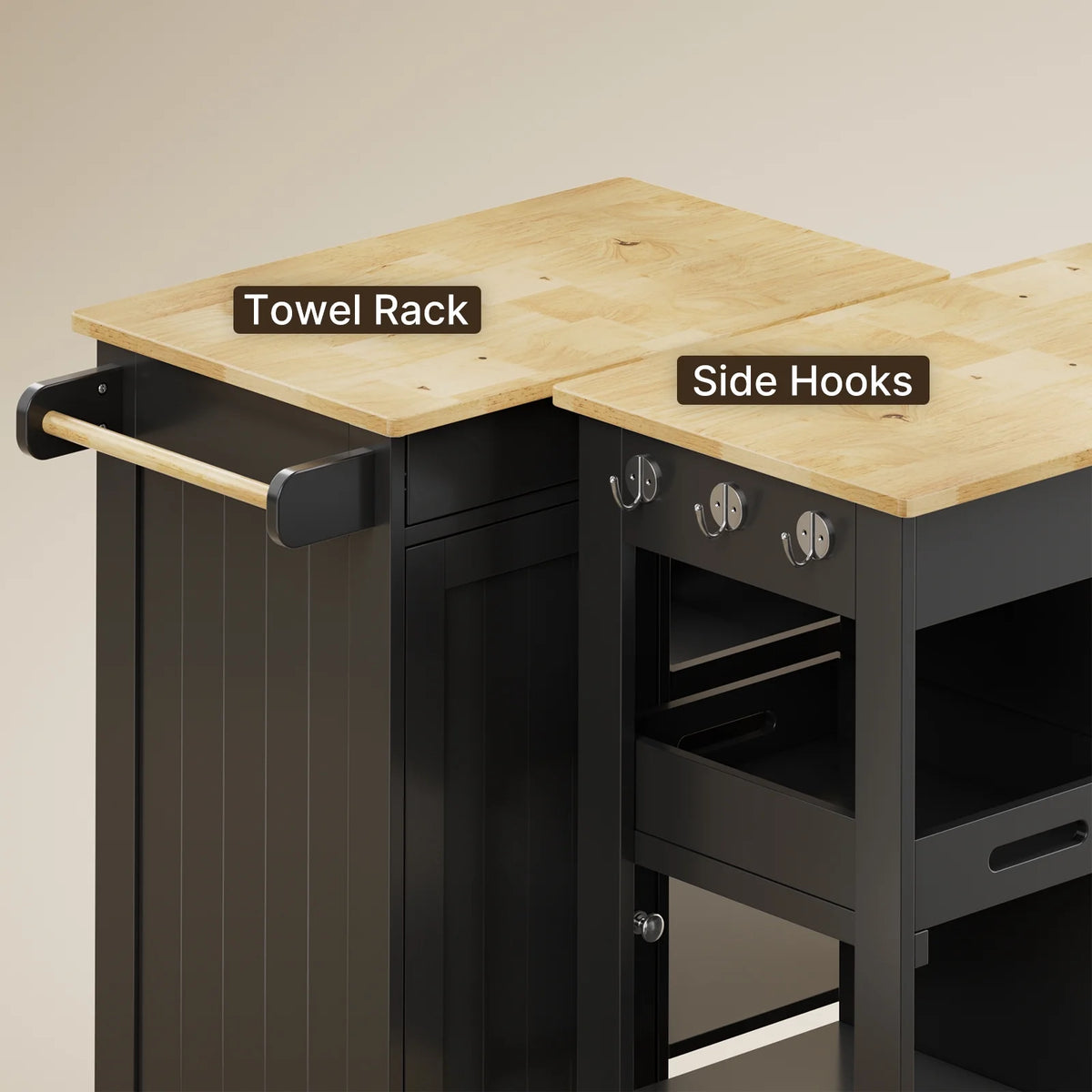 Black Kitchen Island Cart with Drawer and 3 Open Storage Shelves I7052