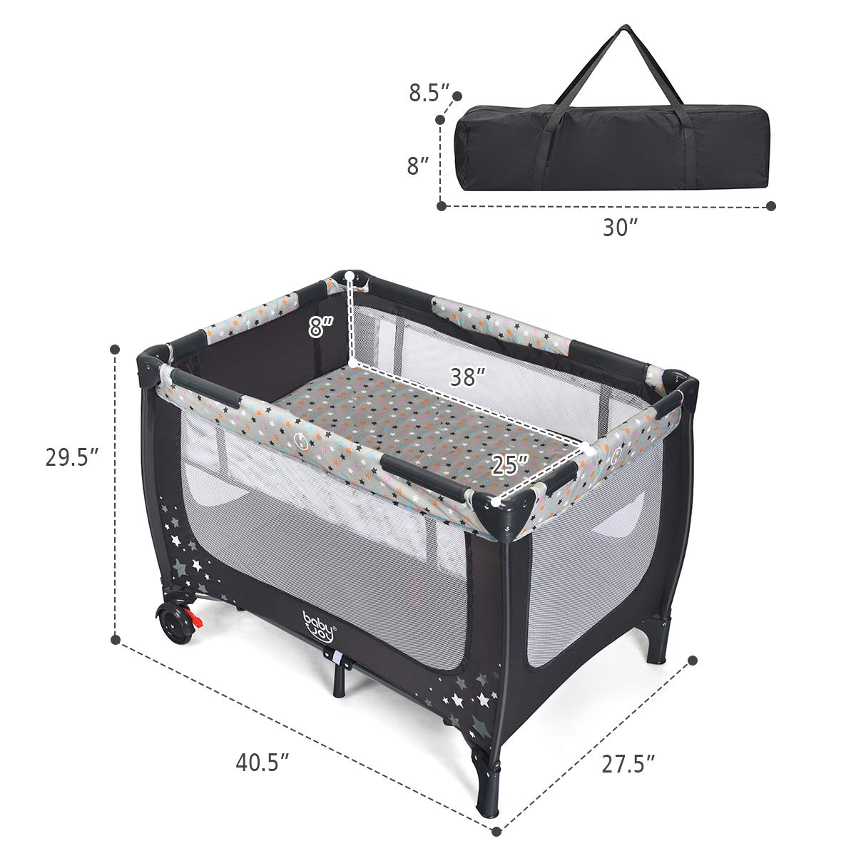 Pack and Play Foldable Baby Playard with Bassinet Travel Baby Crib Gray R5097