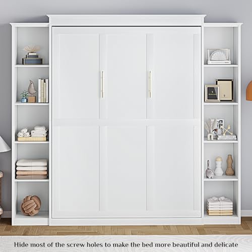 White Queen Murphy Bed Cabinet with 5-Tier Adjustable Storage Shelves X747