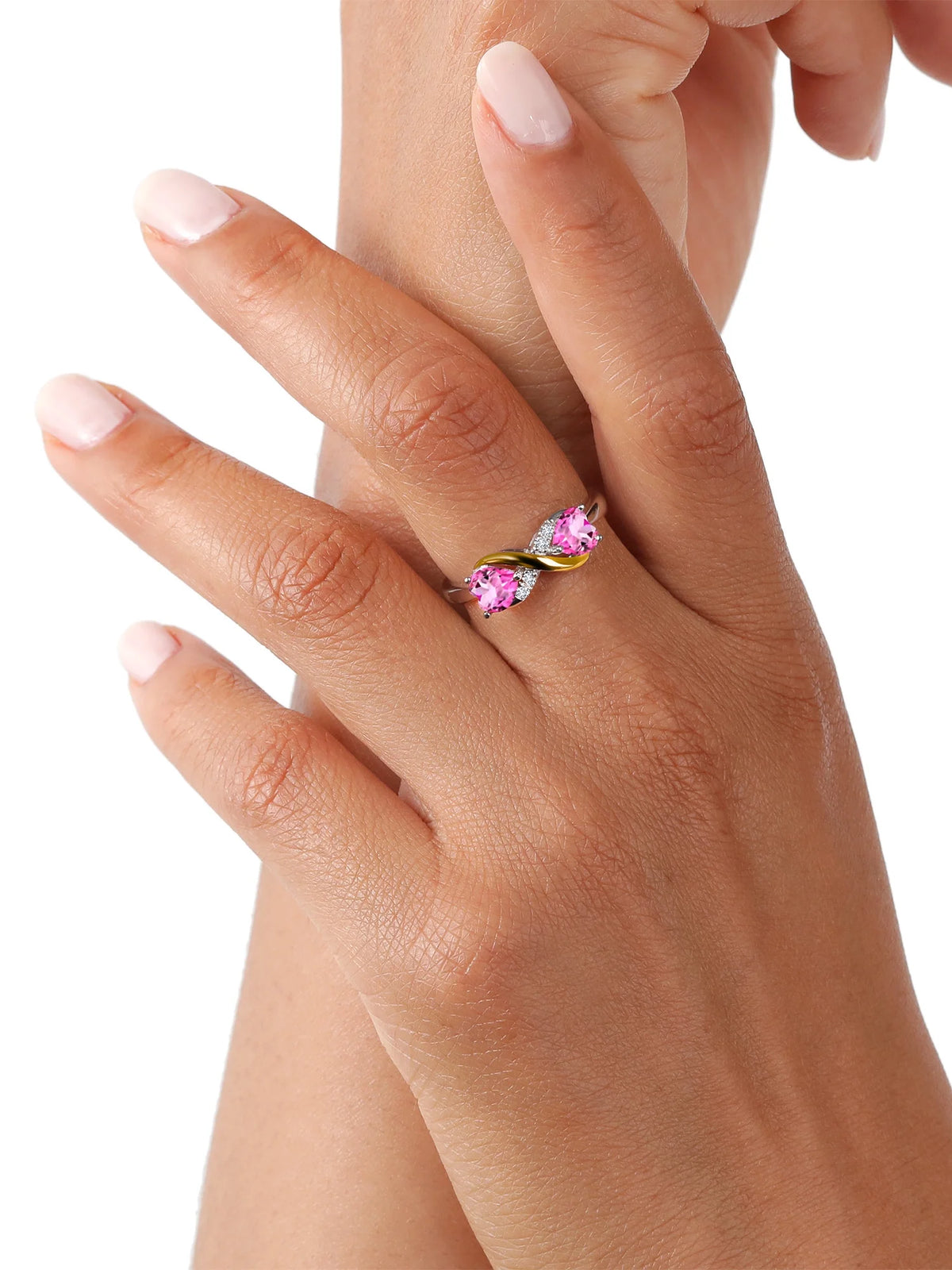 925 Silver 10K Yellow Gold Pink Mystic Topaz White Lab Grown Diamond Ring C9297