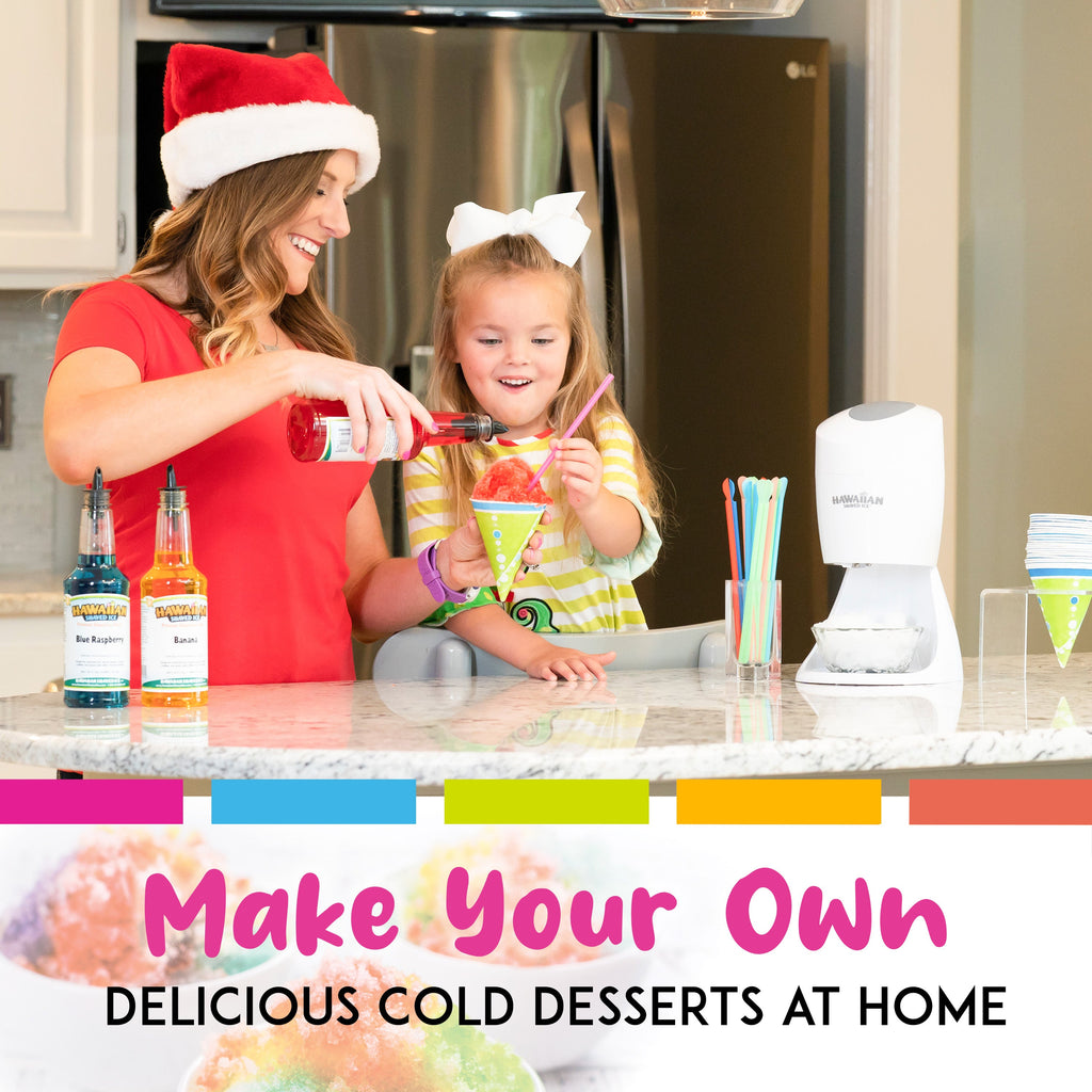 White Shaved Ice Machine Party Package with 3 Syrups and Supplies N40202