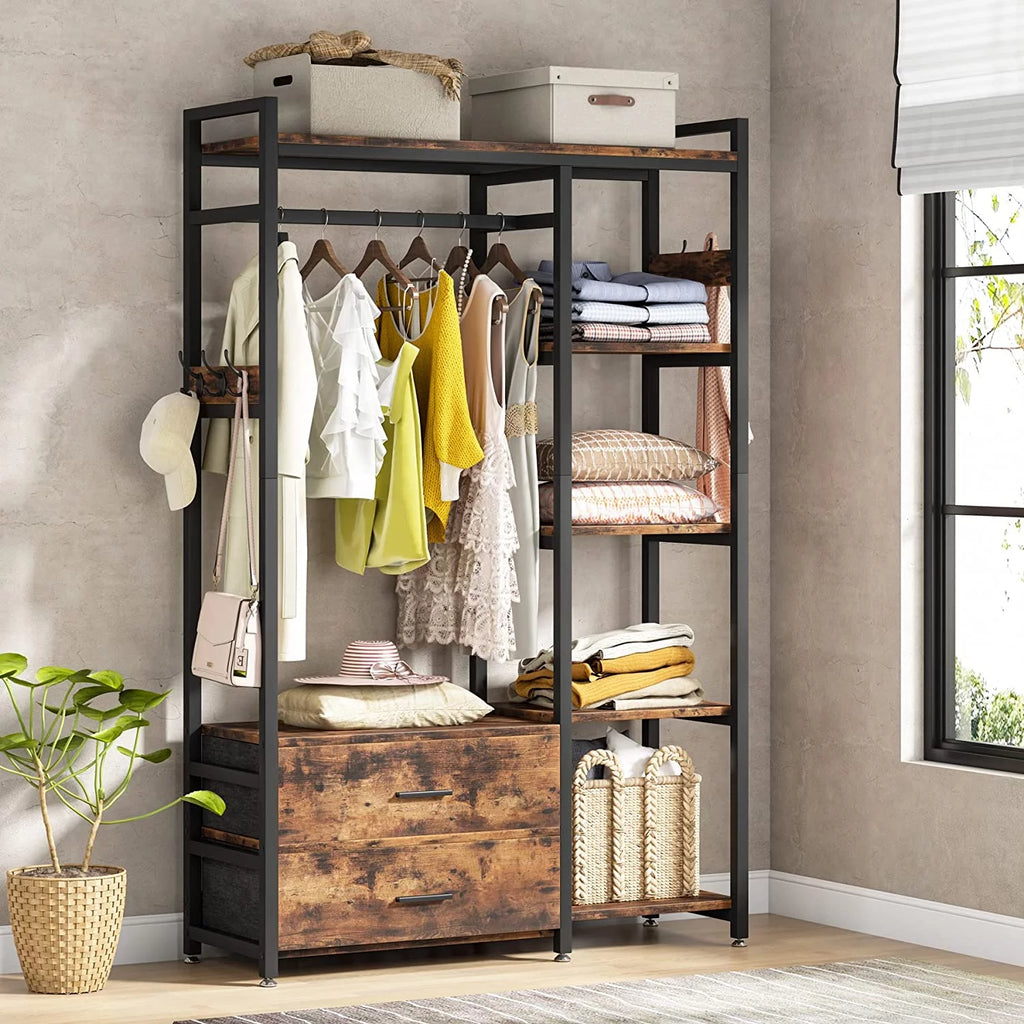 Freestanding Clothes Rack with Drawers and Shelves, Rustic Brown X461