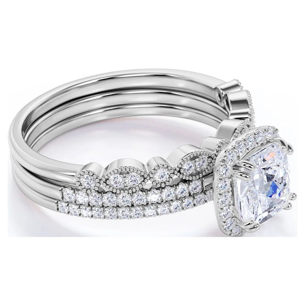 1.75 Carat Moissanite Wedding Trio Ring Set with Engagement Ring and 2 Wedding Bands in 18k Gold Over Silver U81984