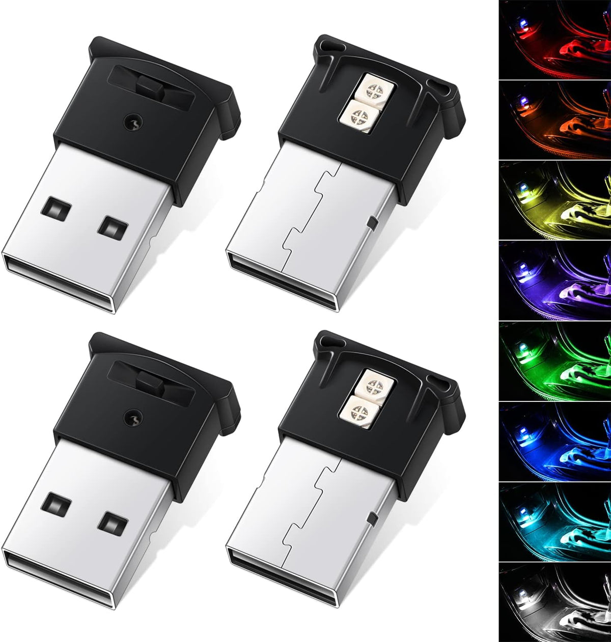 4 Pcs Mini USB LED Light, 8 Colors RGB Car LED Interior Lighting DC 5V Smart USB LED Atmosphere Light V9846