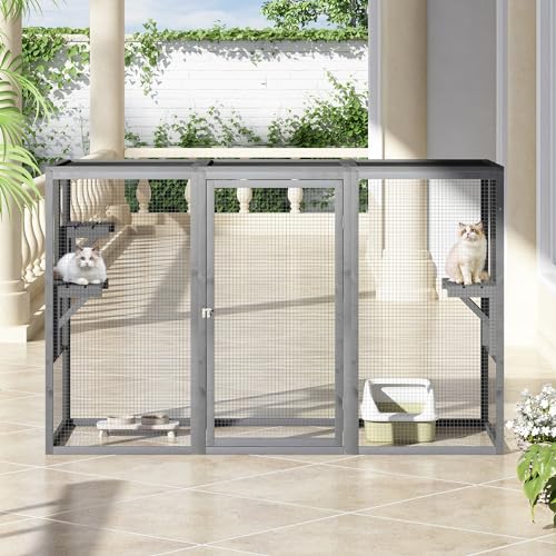 Grey Wooden Cat Cage with 3 Platforms and Litter Box Z99231