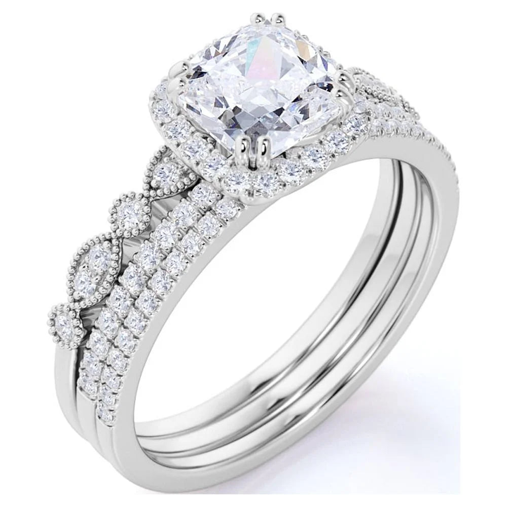 1.75 Carat Moissanite Wedding Trio Ring Set with Engagement Ring and 2 Wedding Bands in 18k Gold Over Silver U81984