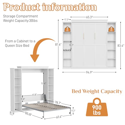 White Queen Murphy Bed Cabinet with 5-Tier Adjustable Storage Shelves X747