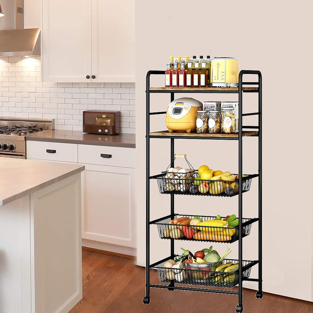 Black 5-Tier Rolling Utility Storage Cart with 3 Basket Drawers A6289